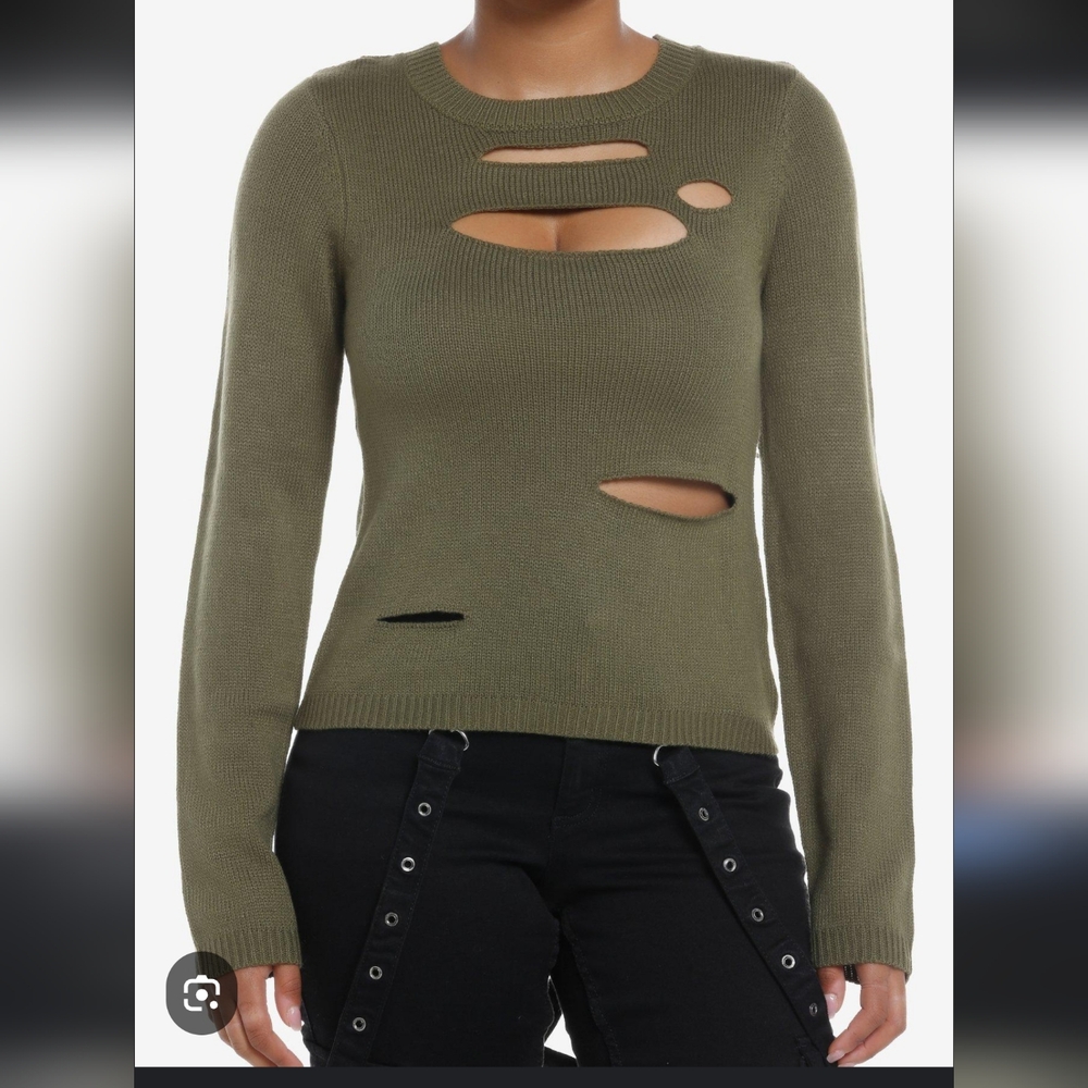 Social Collision Olive Distressed‎ Cutout Sweater Juniors